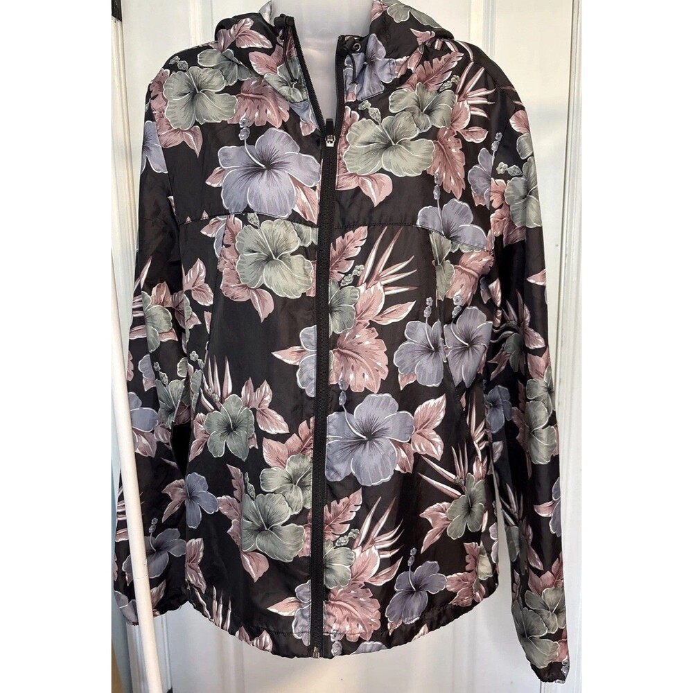 Windbreaker Medium Black Floral Hibiscus Hooded Jacket Sunrise Kingdom SKWB-6127